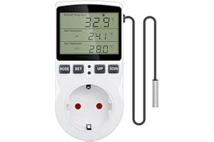 Greluma 1PC Enchufe de termostato digital de 230V AC con sonda de sensor,enchufe de termostato de refrigeración de calefacción con temporizador,interruptor de termostato de pantalla LED