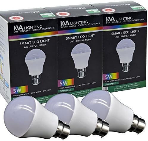 KVA LIGHTING Smart Light LED Bulb, B22 A60, 5W to 40W, Bright 450 Lumens, Dimmable, RGBW, Requires Gateway, Pack of 3