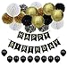 Produktbild JUSLIN 28 Geburtstag Party Dekoration mit Seidenpapier Pompoms Papier Laternen Wabenball Latexballons Happy Birthday Wimpelkette Banner für Geburtstagsfeier, Schwarz, Gold und Silber
