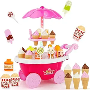 MRUD Ice Cream Toy Cart Play Set for Kids 39 Piece Pretend Play Food - Ice-Cream Trolley Truck Without Music & Lighting - Great Gift for Girls and Boys Ages 3 - 12 Years Old (Ultra Pink)