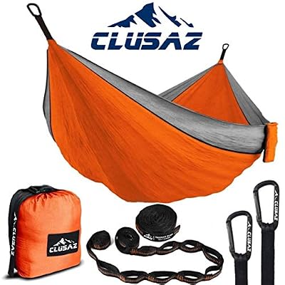 CLUSAZ Hamac Double Parachute 300 x 200cm en Nylon Diamant Anti-Déchirure - Inclus 2 Sangles de Suspension de 2.5m et 10 Boucles de Fixation - Garantie 10 Ans (Double, Orange & Gris)