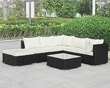 Polyrattan in Schwarz und Bezüge in Cremeweiß, Lieferumfang und Maße (T x B x H): 2 x Doppelsofa mit Lehne links: 75 x 140 x 65 cm, 2 x Mittelsofa: 75 x 75 x 65 cm, 1 x Hocker: 75 x 75 x 31/39 cm, 1 x Tisch: 75 x 75 x 31 cm.