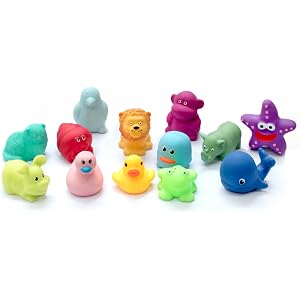 Amazon Brand - Jam & Honey Baby Bath Toy Set of 13 for Toddlers I Colorful Combo of sea, Domestic and Wild Animals I Floating Chuchu Toys (Multicolor)