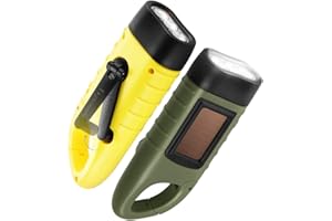 GeeRic 2-Pack Hand Crank Solar Powered Emergency LED Flashlight, Survival Flashlight with Quick Snap Carabiner, Army Green+Yellow