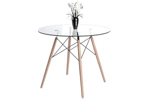 Jooli H Round Dining Table, 90cm Glass Table with Solid Beech Legs for Dining Room Kitchen Office Bistro