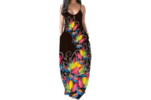 PADOLA Robe Femme Chic et Elegant Bohème Robe avec Poche Bretelles Spaghetti Maxi Robe Floral Robe de Plage Longue été Décontractée Robe Vintage Grande Taille sans Manche