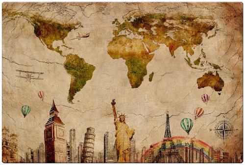 Weltkarte – Sehenswürdige Design Metall Magnettafel 60×40 cm – Pinnwand Memoboard mit Motiv: Weltreisen – inkl. 6 Magnete für Magnetwand mit Motiv Länderflaggen im passenden Grungelook – Original Magnetpinnwand GUMA Magneticum - 2