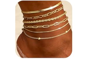 CharmBurst Tobilleras de Oro de 6 Piezas, Cadena de Eslabones Dorada, Cadena de Eslabones Cubana, Diseño de Espiga, Juego de Tobilleras en Capas, Verano para el Tobillo