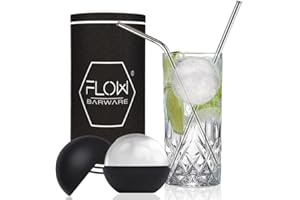 FLOW BARWARE Set di miscelatore in vetro di cristallo con stampo per mega palla di ghiaccio da 5 cm e cannucce in metallo Perfetto per Gin & Tonic, Vodka & Coke & Cocktail