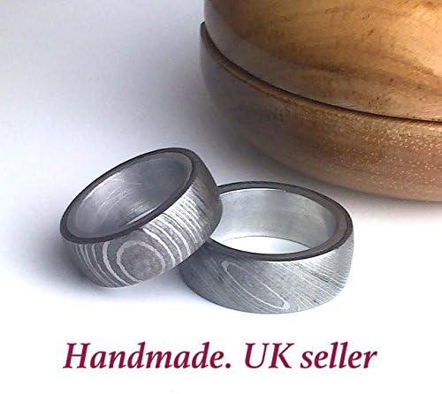 Handmade Damascus ring men or women Lined in Sterling Silver Damascus steel band Silver inlay size US 8 / UK Q