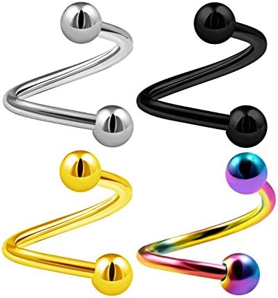 KJM FASHION4PCS Surgical Steel Spiral Barbell 14 Gauge 4mm Ball Cartilage Auricle Nose Earrings Labret Piercing Jewellery See More Sizes