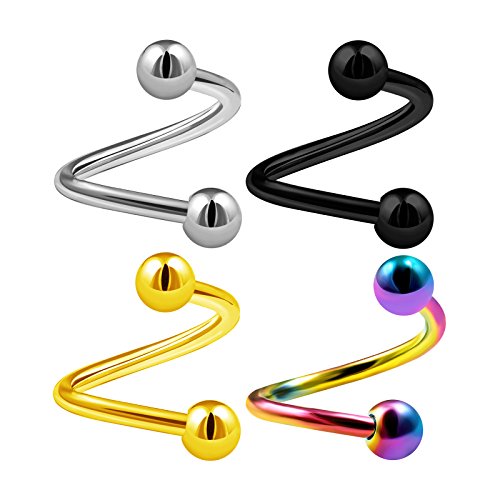 KJM FASHION4PCS Surgical Steel Spiral Barbell 14 Gauge 4mm Ball Cartilage Auricle Nose Earrings Labret Piercing Jewellery See More Sizes