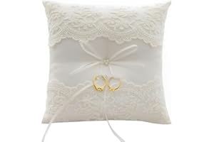 Voarge Cuscino per fedi nuziali, con pizzo e fiore, Cuscino Porta Anelli Ricamato Floreale Bianco