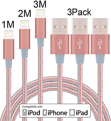 Elebar Nylon Braided Apple USB Lightning Cable 3Pack 1M 2M 3M for iPhone 7s 7 Plus 6s 6 Plus 5s 5c 5, iPad Pro, Air 2,iPad mini,iPod touch 5th gen / 6th gen / nano 7th gen-Rose Gold
