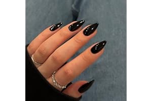 SXVME 48 Pcs Black Press on Nails Almond Medium Acrylic False Nails Medium Stiletto Natural Fake Nail Set Elegant Solid Color Full Cover Glossy Gel Stick on Nails for Women Fall Winter Wear