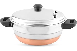 KSJONE Edelstahl 4-tlg. Multi Kadai (Kupferboden) mit Edelstahldeckel, 2 Idli-Platten (10 Idlis), 1 Dampfgarer und 1 Idli-Löffel mit Pfeife, Silber