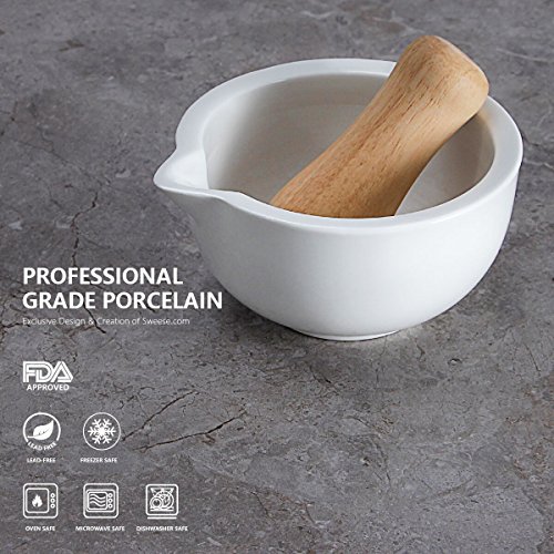 Sweese 3603 Mörser mit Stößel, für Kräutern/Gewürzen/Kernen/Nüssen/ Pesto, Porzellan und holz, Ø 13,3 cm weiß - 2