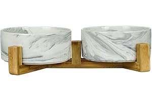 HCHLQLZ Marbre Noir Pet Gamelles pour Chien et Chat Gamelles Chien Chat Céramique Support Bambou -Va au Lave-Vaisselle et Facile à Nettoyer (2 Bol)