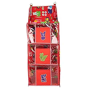 Cuteably Kids/Children Foldable 3 Shelf Hanging Wardrobe Design & Print May Vary (Red)