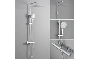 Auralum Colonne de Douche avec Mitigeur Thermostatique, Douche Pluie en Acier Inoxydable 30 x 30 cm, Douchette à 5 Modes, Barre de Douche Extensible (Chromé)