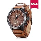 Curren Herren Quarzuhr,Casual Militär Sport Herren Analog Armbanduhren mit Datumsanzeige,3 Virtuelle Dekorative Chronographen Zifferblatt mit Braun Echtes Lederband,Große Zifferblattplatte