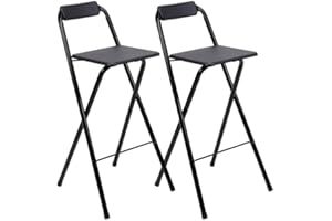 FERRETERIA LEPANTO Taburete Plegable para Cocina, Salón, Comedor y Restaurante. Silla Alta de Metal Estable, Resistente y Cómoda con Respaldo y Reposapiés. (2, Negro)