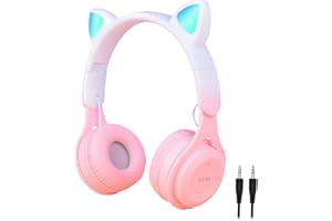 arVin Auriculares para niños, auriculares inalámbricos para niños con micrófono, orejas de gato con luz LED para niños, auriculares plegables sobre la oreja para niñas y niños
