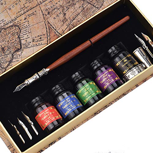 Hethrone Calligraphy Pen Set Glas-Dip-Pen Handgefertigte Geschenkschreibetasche mit Stifthalter und 5-Farben-Tinte