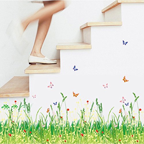 Preisvergleich Produktbild Spring Felder Gras Blumen Schmetterlinge Sockelleisten Line Wandtattoo Papier Home Aufkleber Abnehmbare Wand Vinyl Wohnzimmer Schlafzimmer PVC Kunst Bild wimmelt Wandmalereien Wasserdicht DIY Stick für Erwachsene Childres Kids Kinderzimmer Baby + 3D Frosch Auto Aufkleber