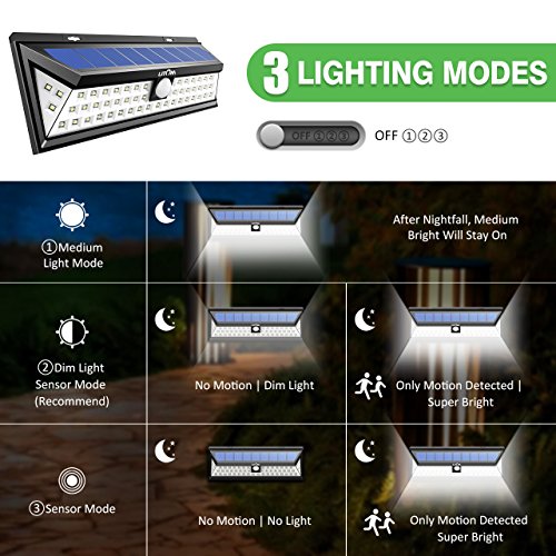 Litom Solarleuchten, 54 LED mit 120° Weitwinkel Bewegungs Sensor Wandleuchte Wasserdichte Außen, Solar Betriebene Außenleuchte, 3 Modi Sicherheit Licht für Garten, Zaun 2 Stück - 5