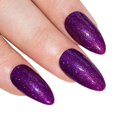 Bling Art Stiletto False Nails Gel Fake Acrylic Purple Glitter Medium 24 Tips UK