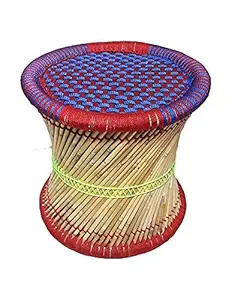 WoodGem Handmade Cane Wood Stool for Outdoor, Garden (Standard Size, Multicolour)