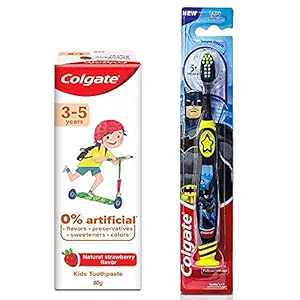 Colgate Toothpaste for Kids (3-5 years), Natural Strawberry Flavour, 0% Artificial- 80g with Colgate Batman Extra Soft Toothbrush (5+ yrs) - 1 Pc