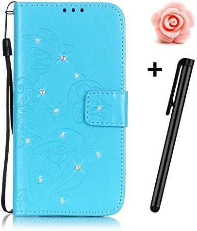 Samsung Galaxy S6 Bling Wallet Case,Tebeyy Slim Premium [Leather Wallet],Flip Book Cover with Kickstand,[Magnetic Closure],[Card Slots],for Samsung Galaxy S6,Luxury Bling Diamond Rhinestone Elegant Pressed Butterfly Rose Flower Design Genuine Pu Leather Pouch Protective Case case for Samsung Galaxy S6+Free Flower Dust Plug+Free Stylus-Flower,Blue