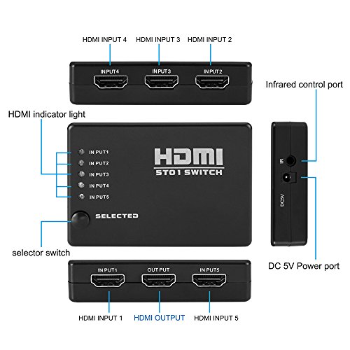 merkmak 5 Port Video HDMI Switch Splitter HDTV 1080P PS3 DVD + IR-Fernbedienung HDTV 5 Eingang 1 Ausgang Laptop für HD-DVD sky-hd STV PS3 XBOX 360 - 5