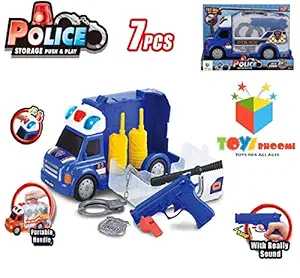 Toys Bhoomi 7Pcs Junior Police Inspectors Storage Toy Truck Vehicle Carrier Car Case with Bang-Bang Cops Gun for Kids (661-173)