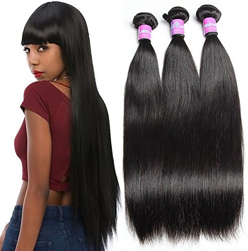 Maxine 10A Grade Brazilian Virgin Hair Straight Human Hair Weave 3 Bundles Unprocessed Human Hair Extension Natural Black Color Silky Straight Hair Weave Pack of 3 100g/per Bundle(12 14 16 inch)