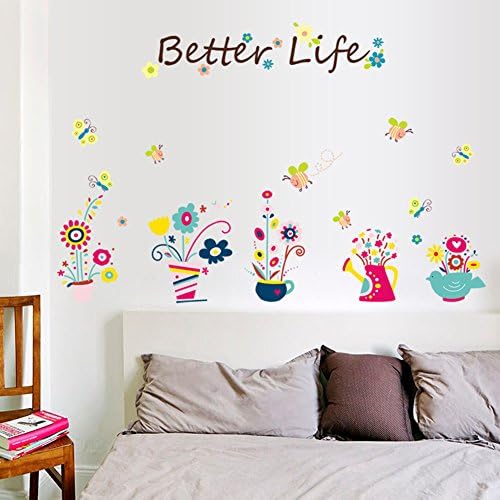 Wallpark Lovely Vase Bees Butterflies Colorful Potted Plants Flowers Removable Wall Sticker Decal, Living Room Bedroom Home Nursery Decoration Adhesive DIY Art Wall Mural