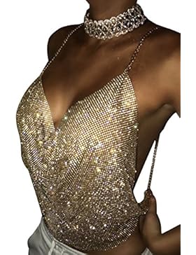 Simplee Apparel Damen Metall Tops Halfte Rückenfrei V-Ausscnitt Crop TOP Bustier Clubwear Körper Kette mit Diamant
