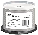 Capacidad: 700 MB Verbatim CD-R 80Min / 700Mb / 52X Cakebox (50 Discos) De Impresión De Inyección De Tinta, Plata Tamaño De Superficie Completa