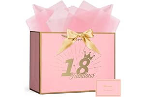 AOOSU Birthday Gift Bag, 28*20*10cm 18th Birthday Party Gifts Bag with Greeting Handles and 3 Wrappers and 1 Cards, Luxury Paper Bags with Handles for Girls Womens Wedding Party Christmas Valentines