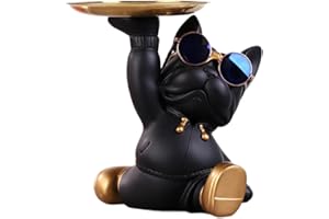 RuiDay Statua Del Bulldog Francese con Vassoio in Acciaio Inossidabile, Decorazioni Casa, Svuotatasche, Svuota Tasche da Ingresso Design, Porta Caramelle, Chiave Portaoggetti (Nero)