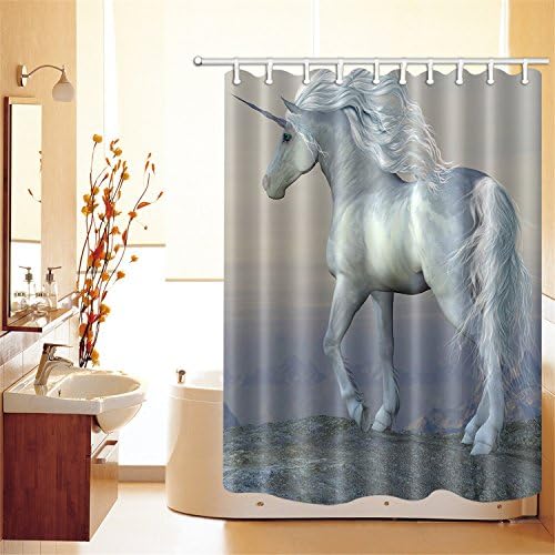 JinShiZhuan Unicorn Shower Curtain, Waterproof Polyester Fabric,150W x180H CM Bathroom Fantastic Decorations Bath Curtains Hooks Included,White