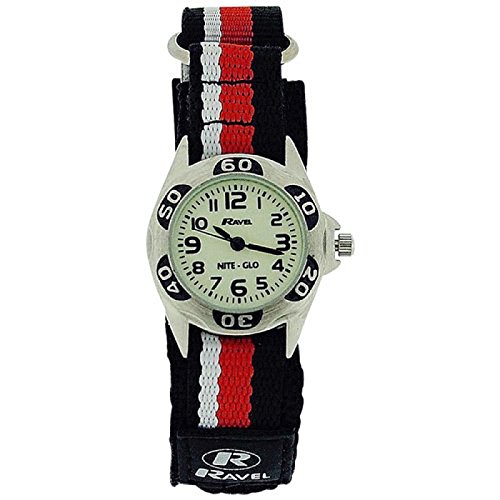 RAVEL NITE-GLO Quarz-Armbanduhr fr jungen mit leuchtendem Ziffernblatt und schwarz-rot-weiem Klettband R1704.10