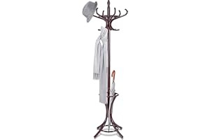COSTWAY Klädhängare med Paraplyställ, 184 cm Högt, Fristående Jackställ med 12 Krokar, Massiv Trä, Garderob Stående för Hall