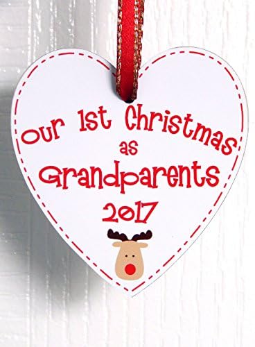 Dazzilicious Designs Our First Christmas as Grandparents Reindeer Heart Plaque Gift - 1st Xmas Tree Decoration Bauble Handmade in the UK