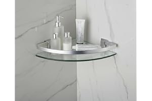 PORTE ITALIANE, Mensola Angolare per Bagno, Ripiano in Vetro Temperato da 8 mm e Barra in Alluminio, Fino a 5 kg di Peso, 16,4x24x4 cm, Argento