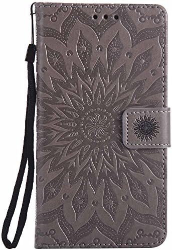 Dfly Galaxy Note 4 Case, Premium Soft PU Leather Embossed Mandala Design Kickstand Card Slot Holder Slim Flip Protective Wallet Cover for Samsung Galaxy Note 4, Grey