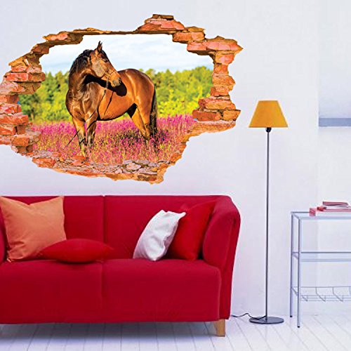 AUVS® 3D Lebendige Tiere- Selbstklebende Abnehmbaren Durchbrechen Die Mauer Vinyl Wandsticker / Wandgemälde Kunst Aufkleber Dekorateur (8001H Pferd Horse(60*90cm)) - 3