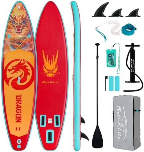 FEATH-R-LITE Tavola SUP Gonfiabile Drago Arancione, Multifunzionale, con Pompa Manuale, Zaino, Guinzaglio e Pagaia Regolabile, per Adulti di Tutti i Livelli